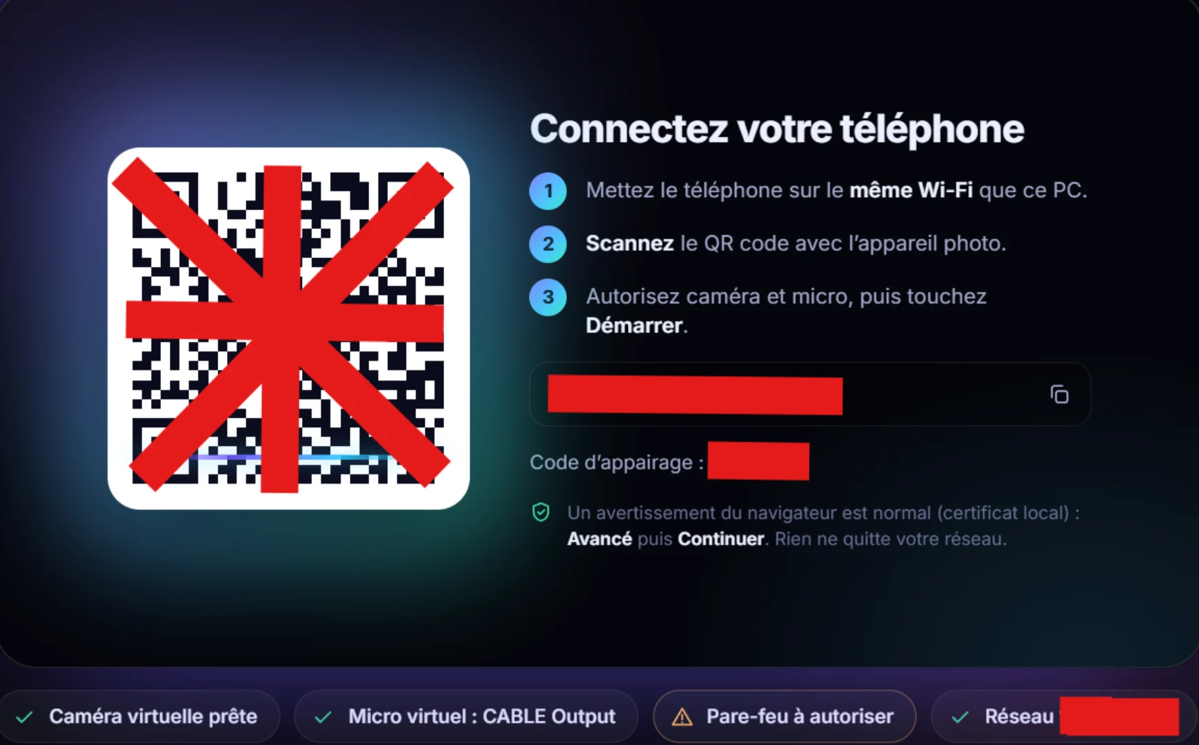 Écran «&nbsp;Connectez votre téléphone&nbsp;»&nbsp;: QR code (masqué), trois étapes, adresse et code d’appairage masqués, et la barre d’état caméra virtuelle prête, micro virtuel, pare-feu à autoriser, réseau