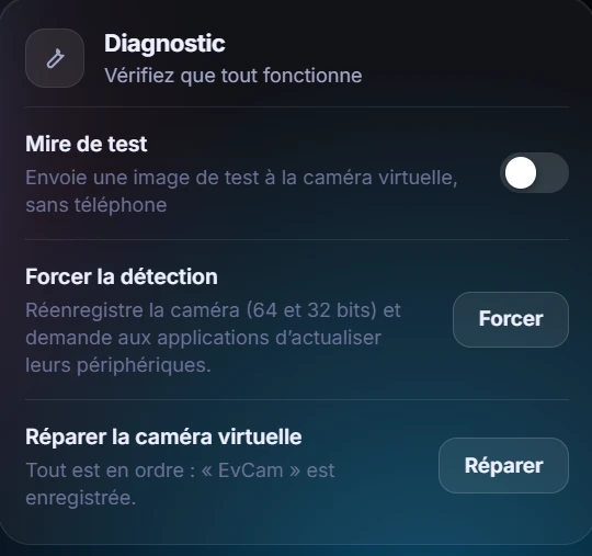 Carte Diagnostic&nbsp;: mire de test, forcer la détection, réparer la caméra virtuelle