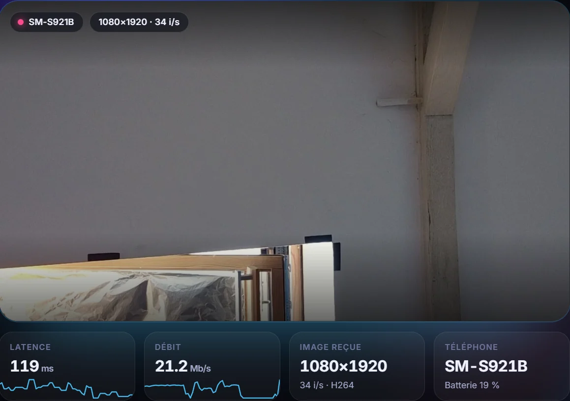 Aperçu en direct dans EvCam&nbsp;: l’image de la caméra du téléphone avec la latence, le débit, la résolution reçue et la batterie du téléphone