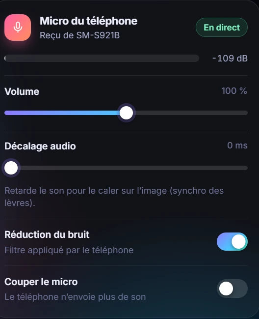 Carte Micro du téléphone&nbsp;: en direct, vumètre, volume 100 %, décalage audio, réduction du bruit activée, couper le micro
