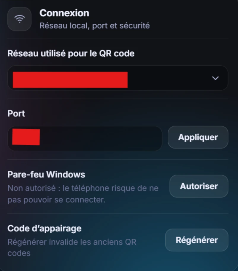 Carte Connexion&nbsp;: réseau utilisé pour le QR code (masqué), port (masqué), pare-feu Windows à autoriser, code d’appairage à régénérer